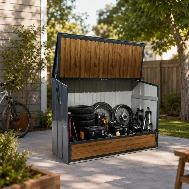 Main image of Wood Grain Galvanized Steel Storage Cabinet, Lift-Up Top & Foldable Front Door Large Capacity Tool Cabinet for Indoor, Garage & Backyard Use 594.39 US Gal 2.25m³