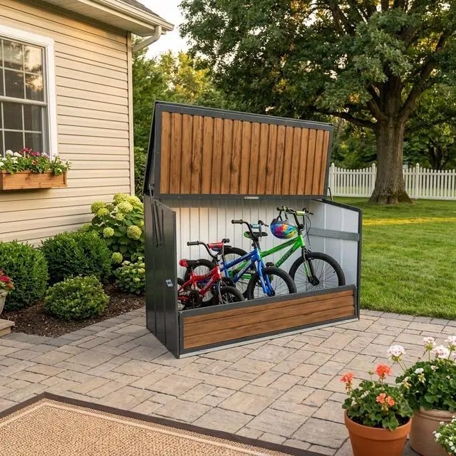 Alt view image 3 of 5 - Wood Grain Galvanized Steel Storage Cabinet, Lift-Up Top & Foldable Front Door Large Capacity Tool Cabinet for Indoor, Garage & Backyard Use 594.39 US Gal 2.25m³