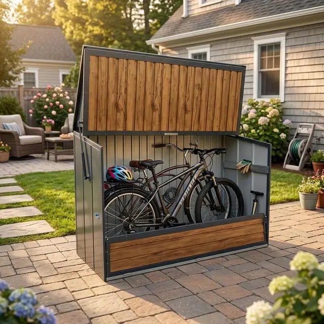 Alt view image 5 of 5 - Wood Grain Galvanized Steel Storage Cabinet, Lift-Up Top & Foldable Front Door Large Capacity Tool Cabinet for Indoor, Garage & Backyard Use 594.39 US Gal 2.25m³