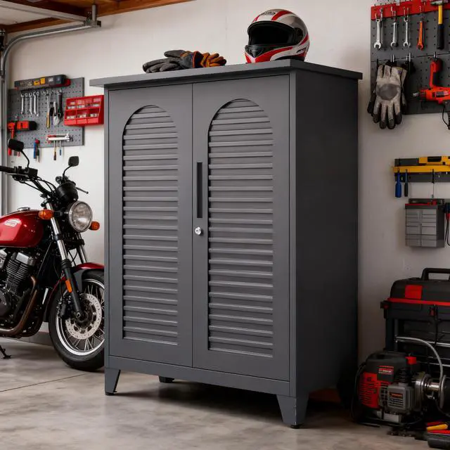 Alt view image 3 of 7 - 47'' Tall Metal Tool Storage Cabinet, with Ample Storage Space for Garage,Warehouse,Garden,Office, Living Room,Bathroom,Utility Room ( Slate )