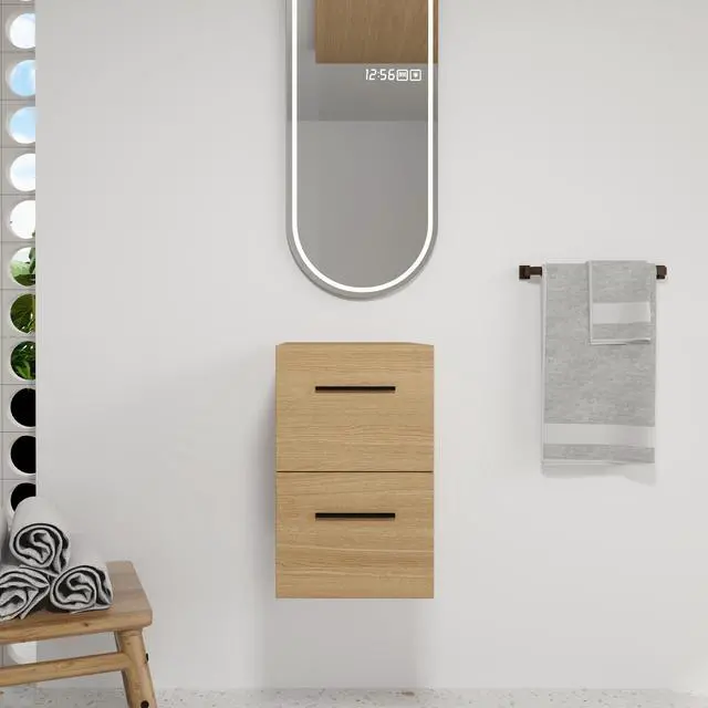 Alt view image 2 of 7 - 12" Floating Bathroom Vanity Drawer Base, Light Oak Plywood Cabinet, Wall-Mounted Storage with 2 Drawers & Black/Aluminum Handles (Sink Not Included)