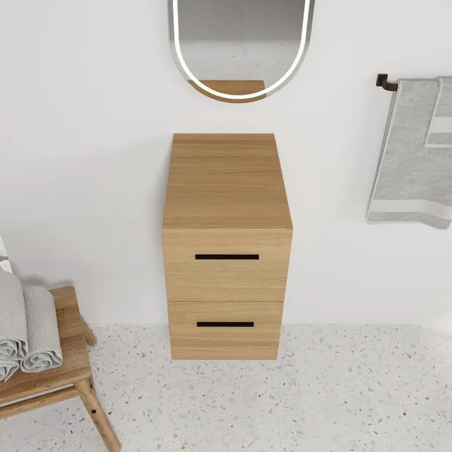 Alt view image 4 of 7 - 12" Floating Bathroom Vanity Drawer Base, Light Oak Plywood Cabinet, Wall-Mounted Storage with 2 Drawers & Black/Aluminum Handles (Sink Not Included)