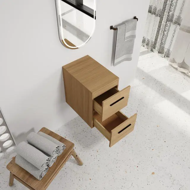 Alt view image 7 of 7 - 12" Floating Bathroom Vanity Drawer Base, Light Oak Plywood Cabinet, Wall-Mounted Storage with 2 Drawers & Black/Aluminum Handles (Sink Not Included)