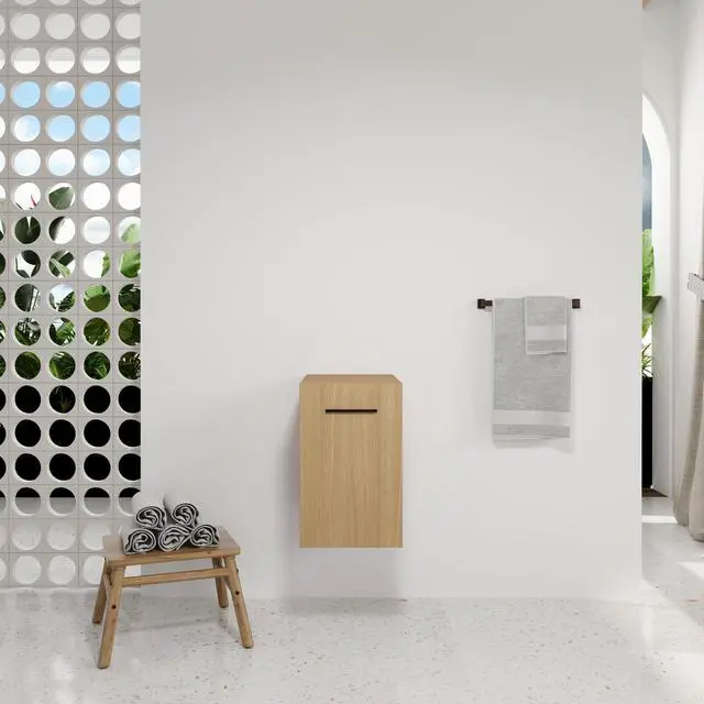 Alt view image 2 of 7 - 12" Floating Bathroom Vanity Single Door Base Cabinet, Light Oak Plywood Wall-Mounted Storage with Black/Aluminum Handles (Sink Not Included)