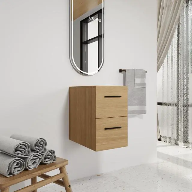 Alt view image 5 of 7 - 12" Floating Bathroom Vanity Drawer Base, Light Oak Plywood Cabinet, Wall-Mounted Storage with 2 Drawers & Black/Aluminum Handles (Sink Not Included)