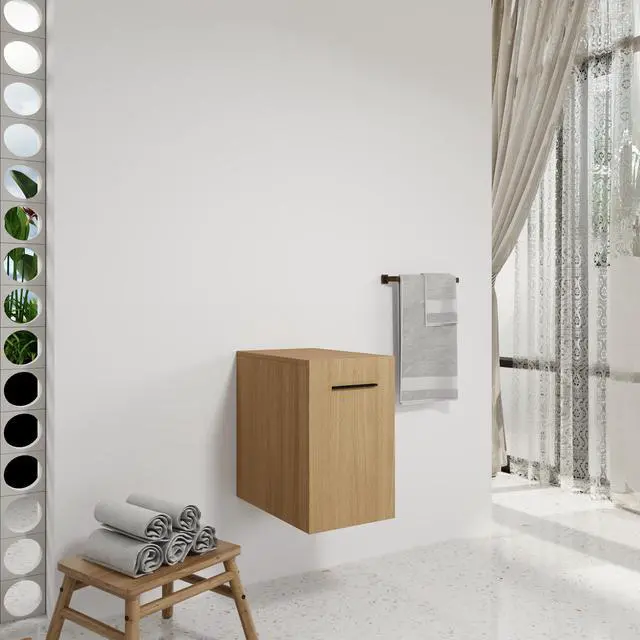 Alt view image 4 of 7 - 12" Floating Bathroom Vanity Single Door Base Cabinet, Light Oak Plywood Wall-Mounted Storage with Black/Aluminum Handles (Sink Not Included)