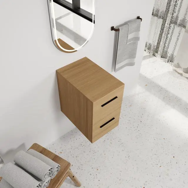 Alt view image 6 of 7 - 12" Floating Bathroom Vanity Drawer Base, Light Oak Plywood Cabinet, Wall-Mounted Storage with 2 Drawers & Black/Aluminum Handles (Sink Not Included)