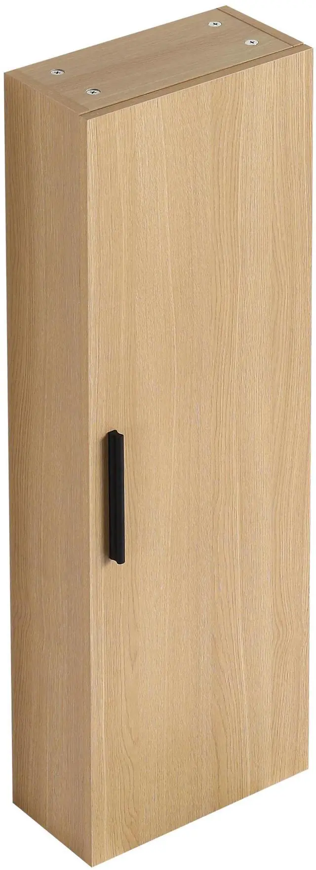 Main image of 12" Tall Floating Bathroom Side Cabinet, Light Oak Plywood Linen Cabinet, Wall-Mounted Single Door Storage with Black/Aluminum Handles
