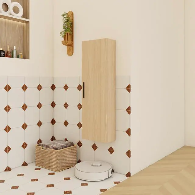 Alt view image 6 of 7 - 12" Tall Floating Bathroom Side Cabinet, Light Oak Plywood Linen Cabinet, Wall-Mounted Single Door Storage with Black/Aluminum Handles