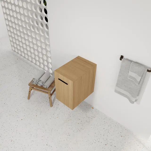 Alt view image 6 of 7 - 12" Floating Bathroom Vanity Single Door Base Cabinet, Light Oak Plywood Wall-Mounted Storage with Black/Aluminum Handles (Sink Not Included)