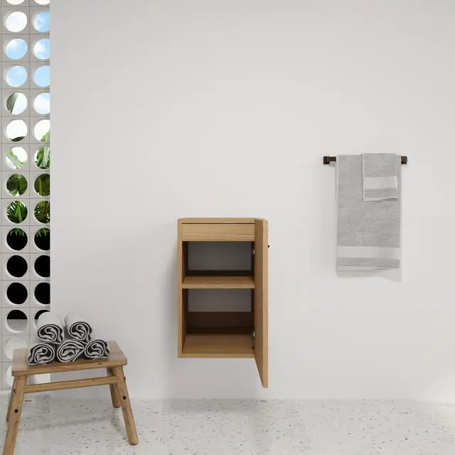 Alt view image 7 of 7 - 12" Floating Bathroom Vanity Single Door Base Cabinet, Light Oak Plywood Wall-Mounted Storage with Black/Aluminum Handles (Sink Not Included)