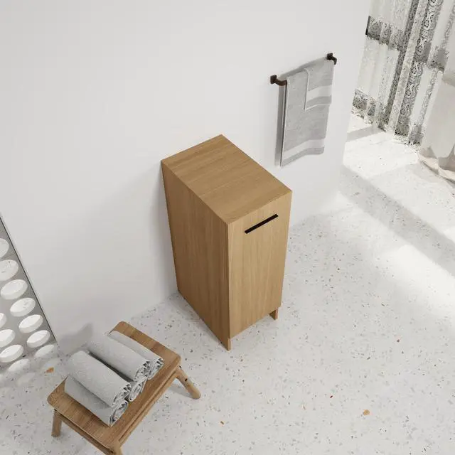 Alt view image 5 of 7 - 12" Slim Freestanding Bathroom Storage Cabinet, Light Oak, Single Door, Narrow Space Saver Organizer, KD, Includes Black & Brushed Aluminum Handles