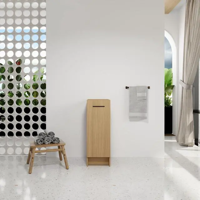 Alt view image 2 of 7 - 12" Slim Freestanding Bathroom Storage Cabinet, Light Oak, Single Door, Narrow Space Saver Organizer, KD, Includes Black & Brushed Aluminum Handles