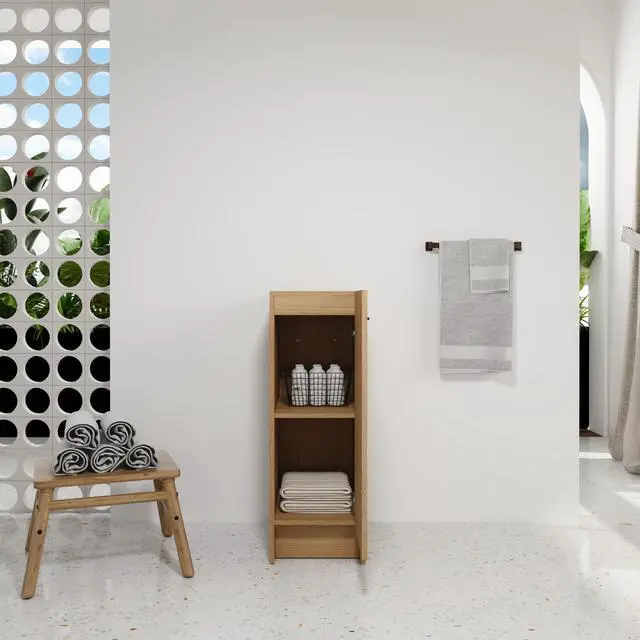 Alt view image 7 of 7 - 12" Slim Freestanding Bathroom Storage Cabinet, Light Oak, Single Door, Narrow Space Saver Organizer, KD, Includes Black & Brushed Aluminum Handles