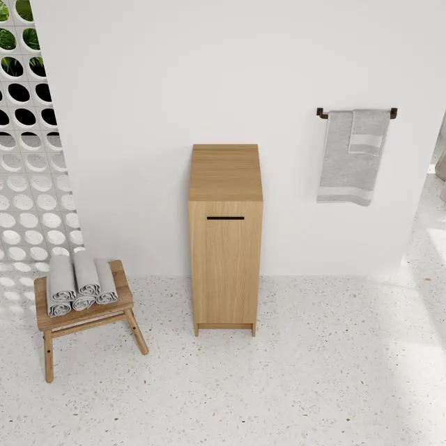 Alt view image 6 of 7 - 12" Slim Freestanding Bathroom Storage Cabinet, Light Oak, Single Door, Narrow Space Saver Organizer, KD, Includes Black & Brushed Aluminum Handles