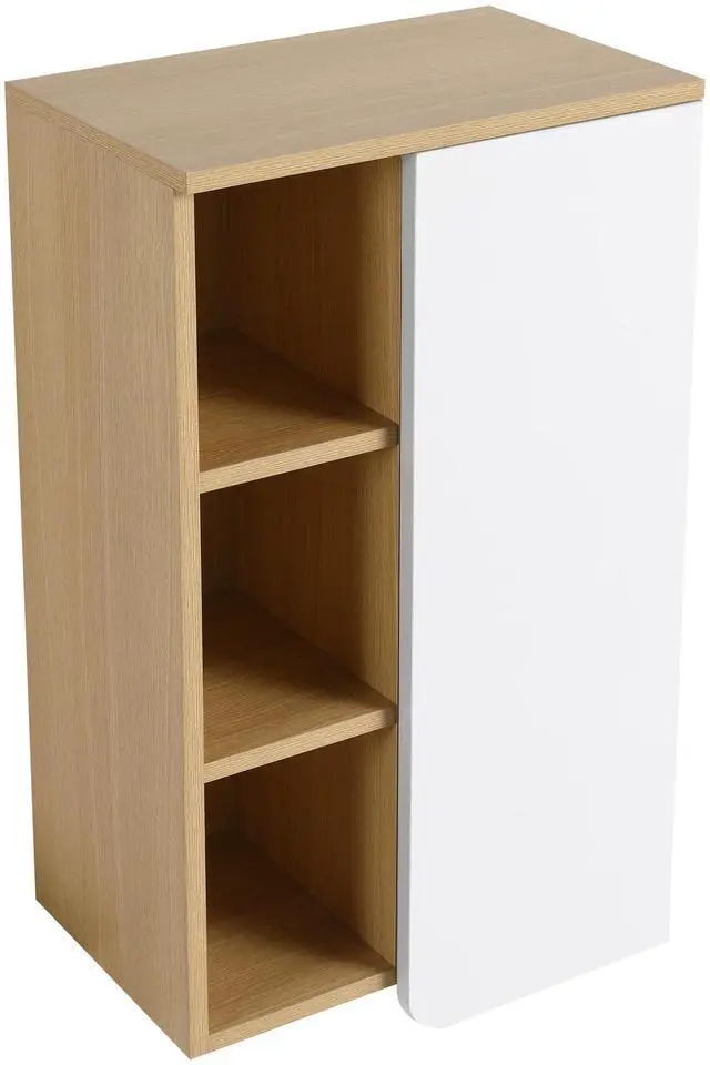 Main image of 16" Wall-Mounted Bathroom Side Cabinet, Light Oak, Single Door with 3-Tier Open Shelves, KD Cabinet, Dual-Color Door Panels (White & Black), Plywood Construction