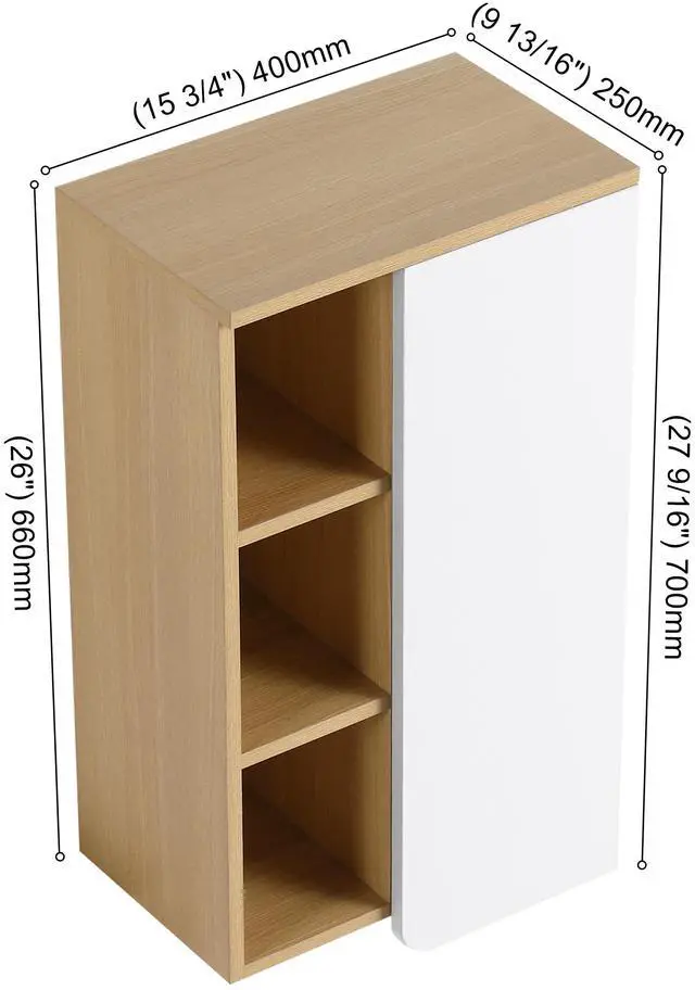 Alt view image 3 of 7 - 16" Wall-Mounted Bathroom Side Cabinet, Light Oak, Single Door with 3-Tier Open Shelves, KD Cabinet, Dual-Color Door Panels (White & Black), Plywood Construction