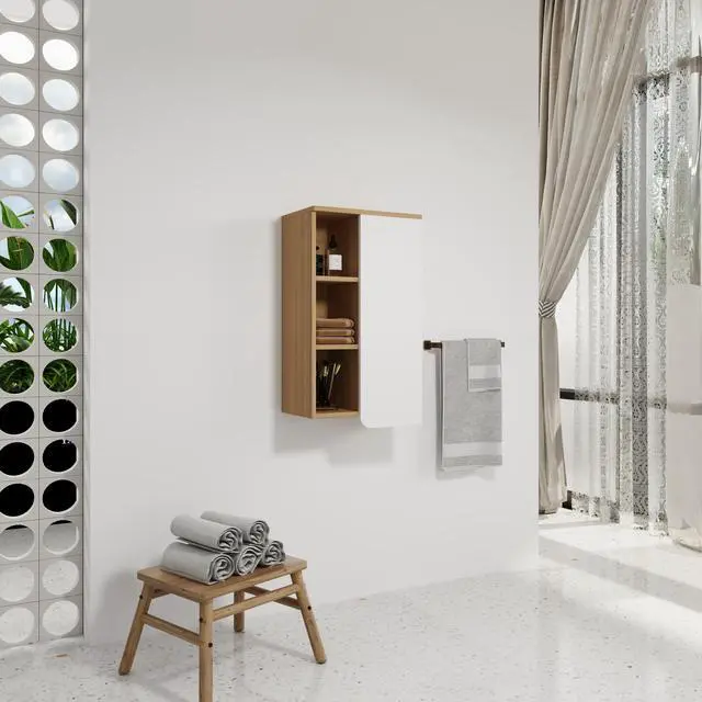 Alt view image 2 of 7 - 16" Wall-Mounted Bathroom Side Cabinet, Light Oak, Single Door with 3-Tier Open Shelves, KD Cabinet, Dual-Color Door Panels (White & Black), Plywood Construction