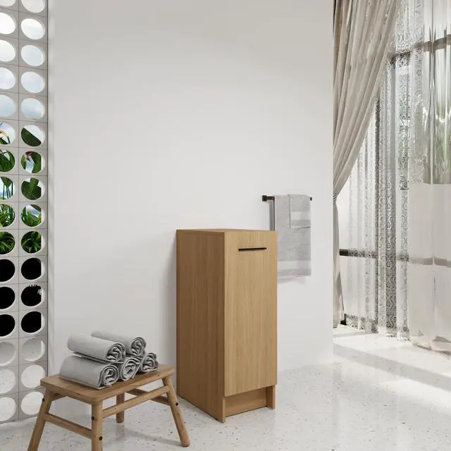 Alt view image 4 of 7 - 12" Slim Freestanding Bathroom Storage Cabinet, Light Oak, Single Door, Narrow Space Saver Organizer, KD, Includes Black & Brushed Aluminum Handles
