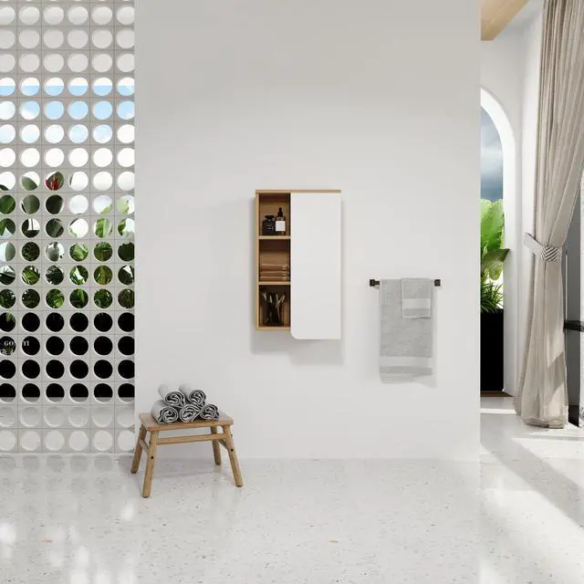 Alt view image 5 of 7 - 16" Wall-Mounted Bathroom Side Cabinet, Light Oak, Single Door with 3-Tier Open Shelves, KD Cabinet, Dual-Color Door Panels (White & Black), Plywood Construction