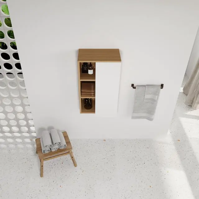 Alt view image 4 of 7 - 16" Wall-Mounted Bathroom Side Cabinet, Light Oak, Single Door with 3-Tier Open Shelves, KD Cabinet, Dual-Color Door Panels (White & Black), Plywood Construction