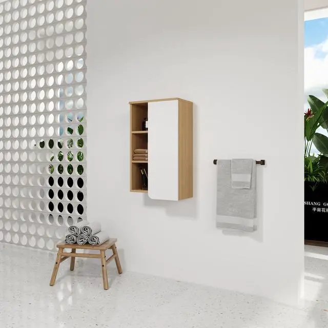 Alt view image 6 of 7 - 16" Wall-Mounted Bathroom Side Cabinet, Light Oak, Single Door with 3-Tier Open Shelves, KD Cabinet, Dual-Color Door Panels (White & Black), Plywood Construction