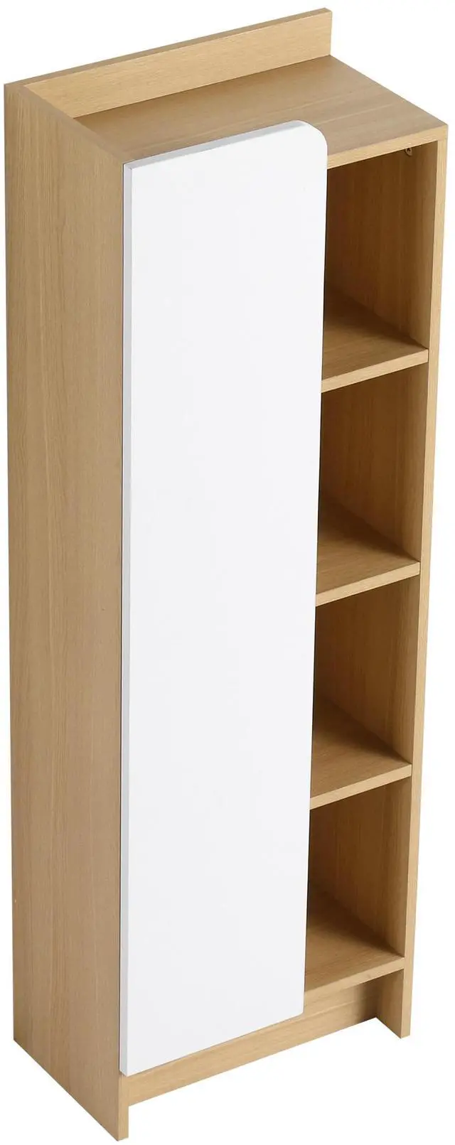 Main image of 16" Tall Light Oak Freestanding Bathroom Side Cabinet, Narrow Storage Cabinet with Single Door & 4-Tier Open Shelves, KD (Ready-to-Assemble), Dual-Color Door Panels (White & Black), Plywood Constructi