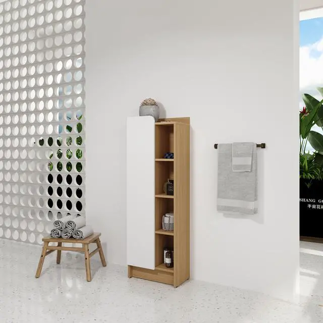 Alt view image 5 of 7 - 16" Tall Light Oak Freestanding Bathroom Side Cabinet, Narrow Storage Cabinet with Single Door & 4-Tier Open Shelves, KD (Ready-to-Assemble), Dual-Color Door Panels (White & Black), Plywood Constructi