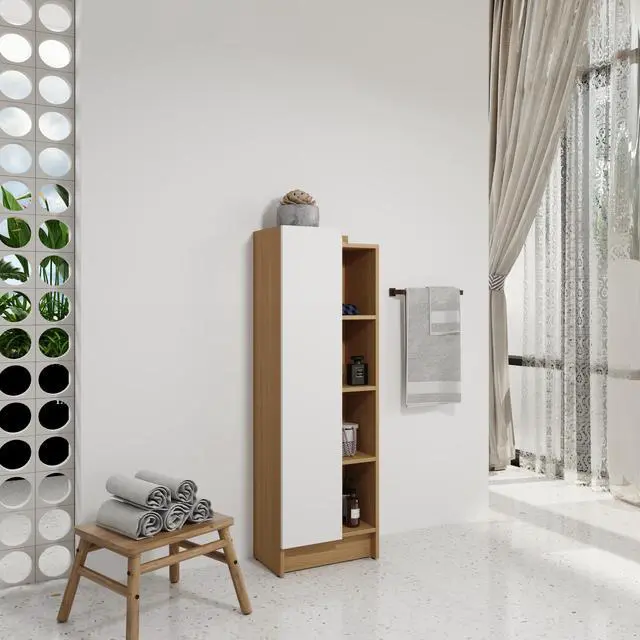 Alt view image 4 of 7 - 16" Tall Light Oak Freestanding Bathroom Side Cabinet, Narrow Storage Cabinet with Single Door & 4-Tier Open Shelves, KD (Ready-to-Assemble), Dual-Color Door Panels (White & Black), Plywood Constructi