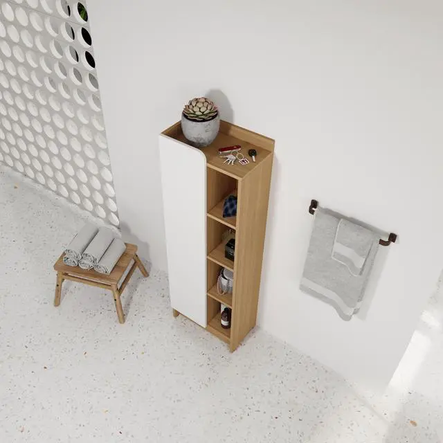 Alt view image 6 of 7 - 16" Tall Light Oak Freestanding Bathroom Side Cabinet, Narrow Storage Cabinet with Single Door & 4-Tier Open Shelves, KD (Ready-to-Assemble), Dual-Color Door Panels (White & Black), Plywood Constructi