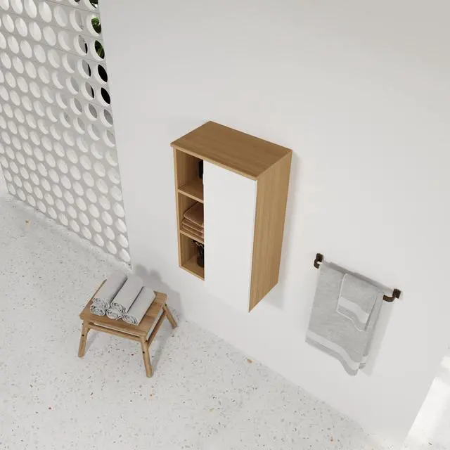 Alt view image 7 of 7 - 16" Wall-Mounted Bathroom Side Cabinet, Light Oak, Single Door with 3-Tier Open Shelves, KD Cabinet, Dual-Color Door Panels (White & Black), Plywood Construction