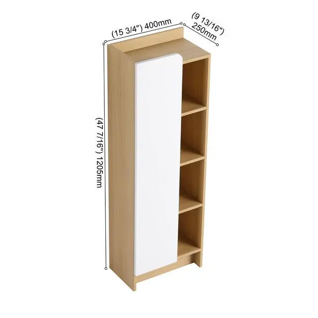 Alt view image 3 of 7 - 16" Tall Light Oak Freestanding Bathroom Side Cabinet, Narrow Storage Cabinet with Single Door & 4-Tier Open Shelves, KD (Ready-to-Assemble), Dual-Color Door Panels (White & Black), Plywood Constructi