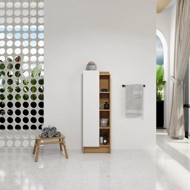 Alt view image 2 of 7 - 16" Tall Light Oak Freestanding Bathroom Side Cabinet, Narrow Storage Cabinet with Single Door & 4-Tier Open Shelves, KD (Ready-to-Assemble), Dual-Color Door Panels (White & Black), Plywood Constructi