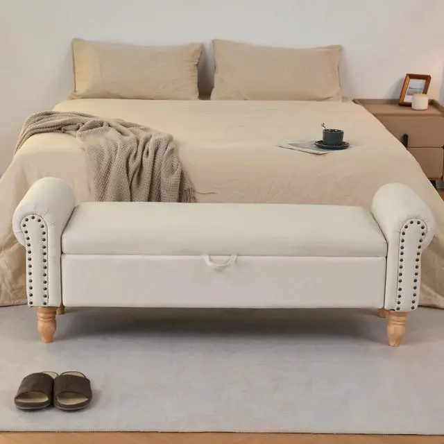 Alt view image 2 of 7 - Storage Ottoman Bench, Fabric Benches End of Bed Bench with Solid Wood Legs Upholstered Ottoman Bench with Storage Indoor Bench for Living Room with Rolled Arm, Entryway, Beige