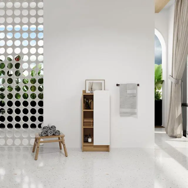 Alt view image 2 of 7 - 16" Medium Light Oak Freestanding Bathroom Side Cabinet, Narrow Storage Cabinet with Single Door & 3-Tier Open Shelves, KD (Ready-to-Assemble), Dual-Color Door Panels (White & Black), Plywood Construc