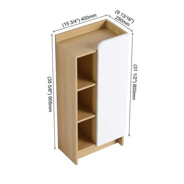 Alt view image 3 of 7 - 16" Medium Light Oak Freestanding Bathroom Side Cabinet, Narrow Storage Cabinet with Single Door & 3-Tier Open Shelves, KD (Ready-to-Assemble), Dual-Color Door Panels (White & Black), Plywood Construc