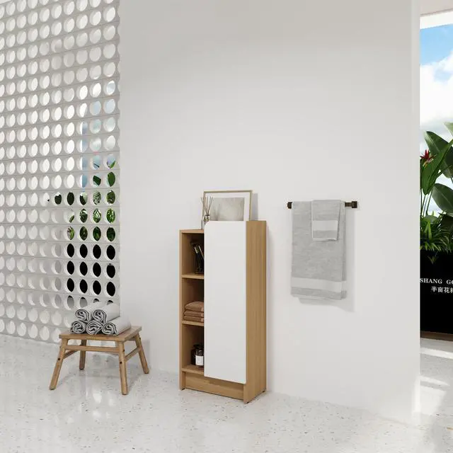 Alt view image 6 of 7 - 16" Medium Light Oak Freestanding Bathroom Side Cabinet, Narrow Storage Cabinet with Single Door & 3-Tier Open Shelves, KD (Ready-to-Assemble), Dual-Color Door Panels (White & Black), Plywood Construc