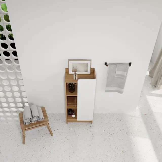 Alt view image 7 of 7 - 16" Medium Light Oak Freestanding Bathroom Side Cabinet, Narrow Storage Cabinet with Single Door & 3-Tier Open Shelves, KD (Ready-to-Assemble), Dual-Color Door Panels (White & Black), Plywood Construc