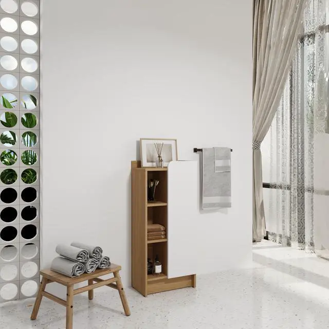 Alt view image 4 of 7 - 16" Medium Light Oak Freestanding Bathroom Side Cabinet, Narrow Storage Cabinet with Single Door & 3-Tier Open Shelves, KD (Ready-to-Assemble), Dual-Color Door Panels (White & Black), Plywood Construc