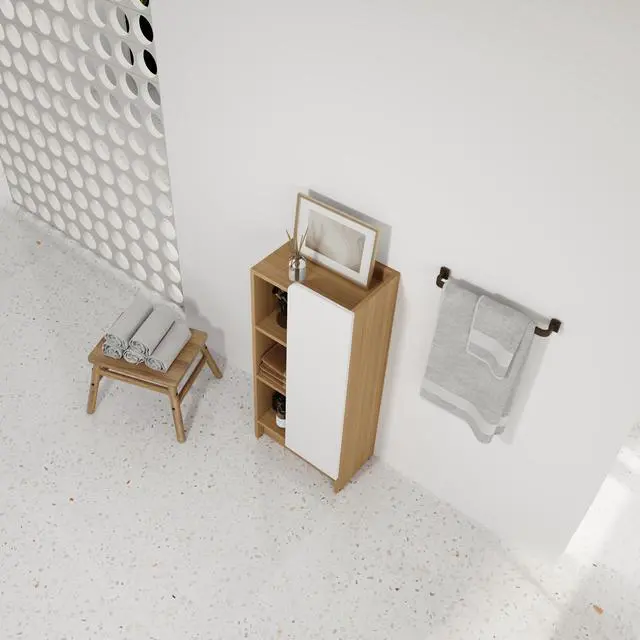 Alt view image 5 of 7 - 16" Medium Light Oak Freestanding Bathroom Side Cabinet, Narrow Storage Cabinet with Single Door & 3-Tier Open Shelves, KD (Ready-to-Assemble), Dual-Color Door Panels (White & Black), Plywood Construc