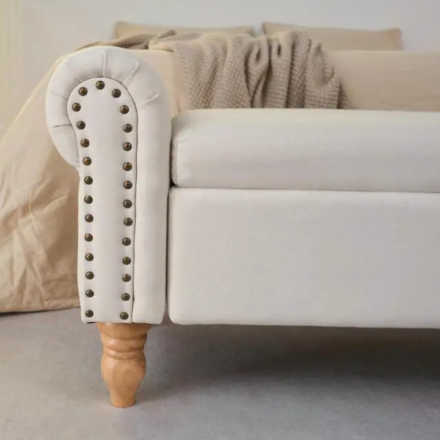 Alt view image 3 of 7 - Storage Ottoman Bench, Fabric Benches End of Bed Bench with Solid Wood Legs Upholstered Ottoman Bench with Storage Indoor Bench for Living Room with Rolled Arm, Entryway, Beige