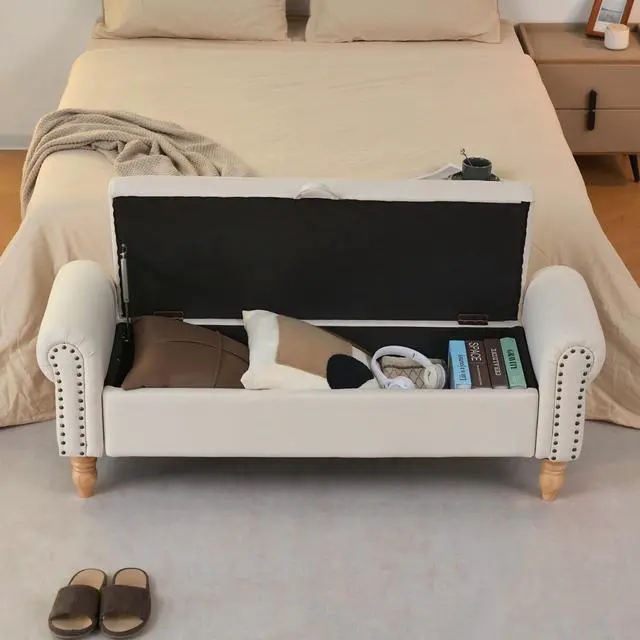 Alt view image 4 of 7 - Storage Ottoman Bench, Fabric Benches End of Bed Bench with Solid Wood Legs Upholstered Ottoman Bench with Storage Indoor Bench for Living Room with Rolled Arm, Entryway, Beige