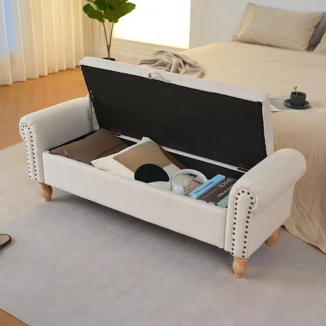 Alt view image 7 of 7 - Storage Ottoman Bench, Fabric Benches End of Bed Bench with Solid Wood Legs Upholstered Ottoman Bench with Storage Indoor Bench for Living Room with Rolled Arm, Entryway, Beige