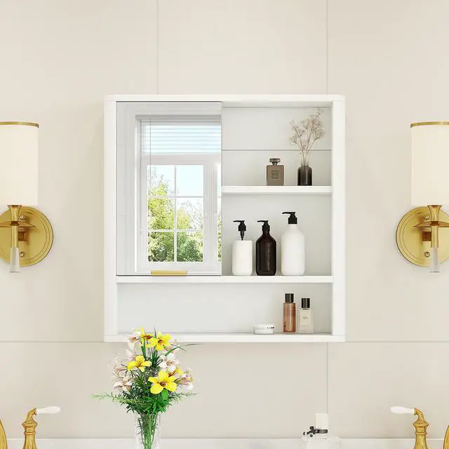 Main image of Modern Bathroom Mirror Cabinet, Wall Mounted Storage Cabinet with Open Shelves, Waterproof Medicine Cabinet with Gold Accent, Space Saving Vanity Organizer for Bathroom, White