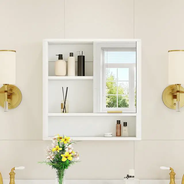 Alt view image 2 of 7 - Modern Bathroom Mirror Cabinet, Wall Mounted Storage Cabinet with Open Shelves, Waterproof Medicine Cabinet with Gold Accent, Space Saving Vanity Organizer for Bathroom, White