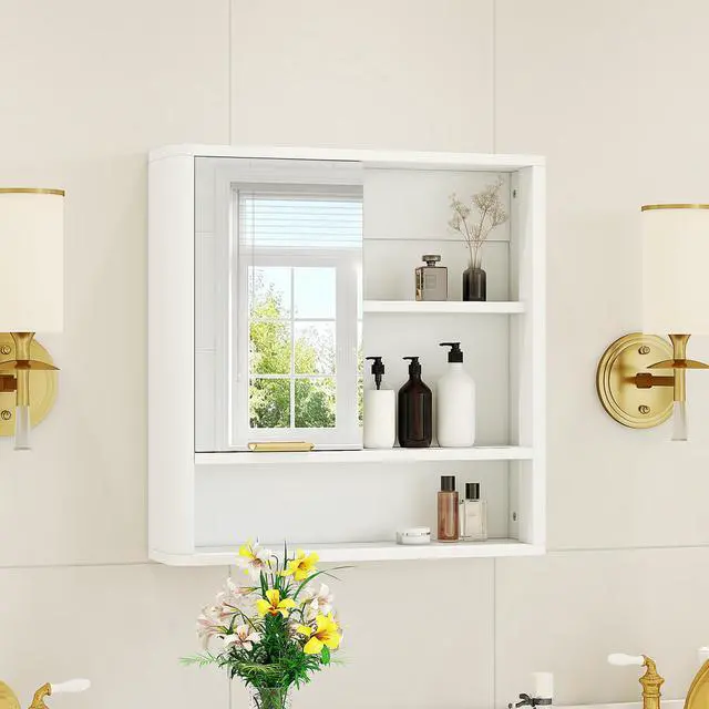 Alt view image 3 of 7 - Modern Bathroom Mirror Cabinet, Wall Mounted Storage Cabinet with Open Shelves, Waterproof Medicine Cabinet with Gold Accent, Space Saving Vanity Organizer for Bathroom, White