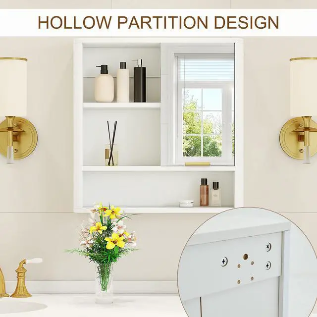 Alt view image 5 of 7 - Modern Bathroom Mirror Cabinet, Wall Mounted Storage Cabinet with Open Shelves, Waterproof Medicine Cabinet with Gold Accent, Space Saving Vanity Organizer for Bathroom, White