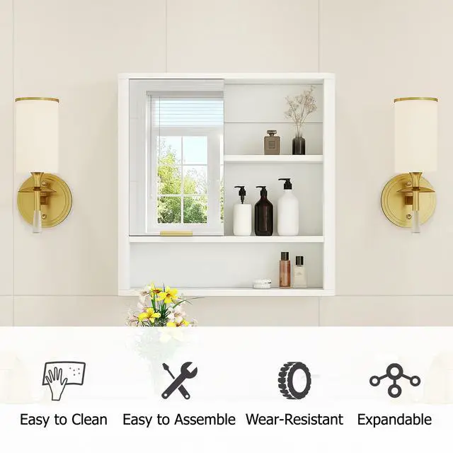 Alt view image 4 of 7 - Modern Bathroom Mirror Cabinet, Wall Mounted Storage Cabinet with Open Shelves, Waterproof Medicine Cabinet with Gold Accent, Space Saving Vanity Organizer for Bathroom, White