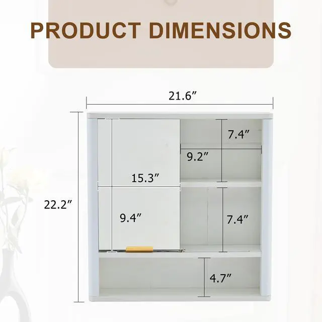 Alt view image 7 of 7 - Modern Bathroom Mirror Cabinet, Wall Mounted Storage Cabinet with Open Shelves, Waterproof Medicine Cabinet with Gold Accent, Space Saving Vanity Organizer for Bathroom, White