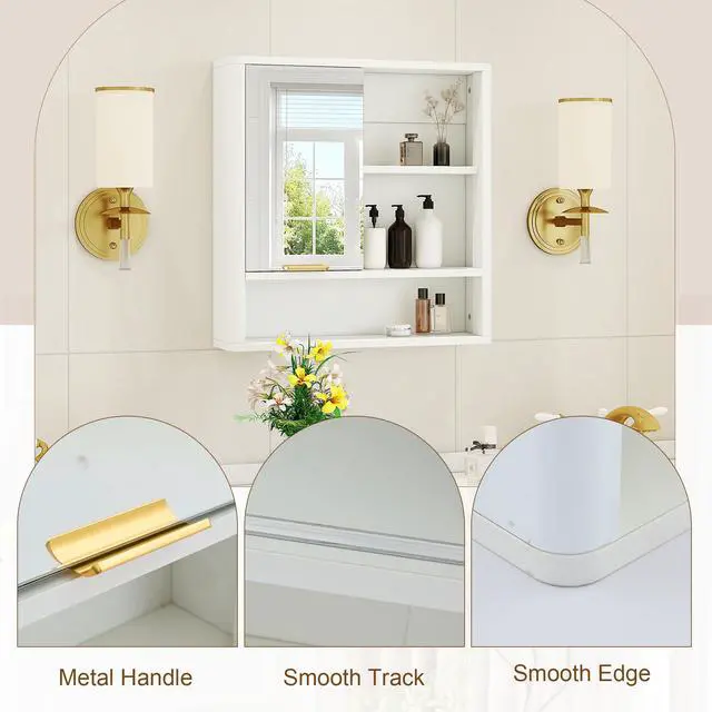 Alt view image 6 of 7 - Modern Bathroom Mirror Cabinet, Wall Mounted Storage Cabinet with Open Shelves, Waterproof Medicine Cabinet with Gold Accent, Space Saving Vanity Organizer for Bathroom, White